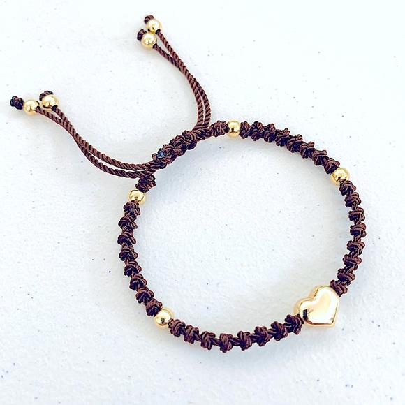 Stainless Steel Golden Puffed Heart Ajustable Macrame Bracelet Maroon - Picture 1 of 2